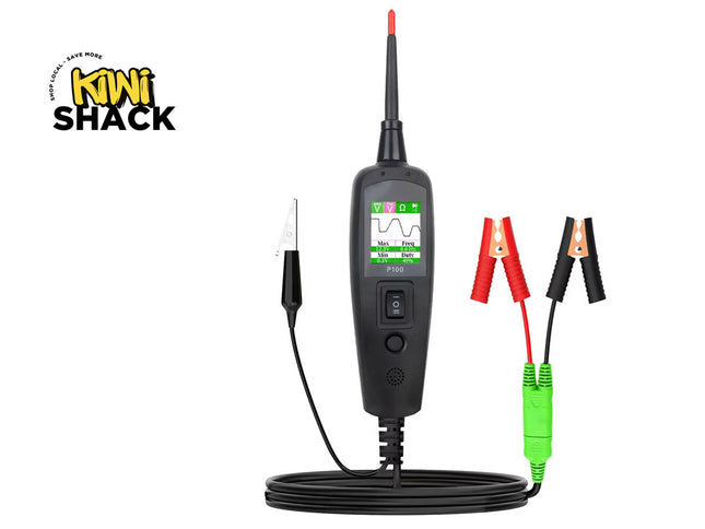 Black electronic device with red and black leads on a white background, featuring the Kiwi Shack logo.