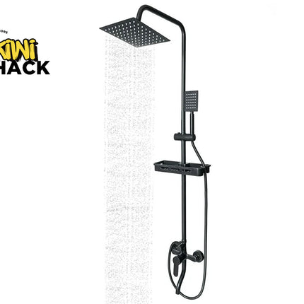 Black shower set with rain shower head and control handle on a white background, featuring the Kiwi Shack logo.