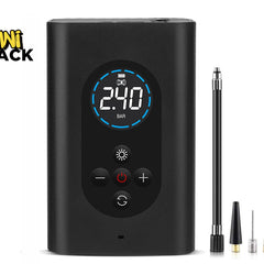A black digital mini air pump by Kiwi Shack, featuring a circular display screen showing '2.40 BAR' and four interchangeable nozzle tips displayed to the right, on a white background.