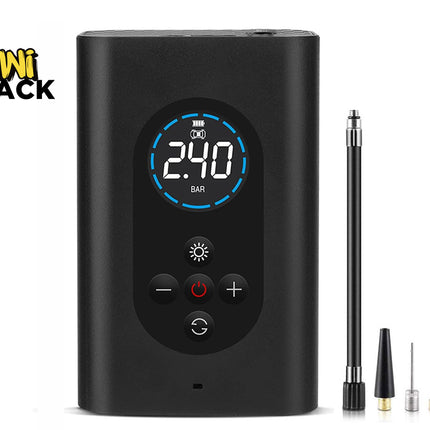 A black digital mini air pump by Kiwi Shack, featuring a circular display screen showing '2.40 BAR' and four interchangeable nozzle tips displayed to the right, on a white background.