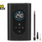 A black digital mini air pump by Kiwi Shack, featuring a circular display screen showing '2.40 BAR' and four interchangeable nozzle tips displayed to the right, on a white background.