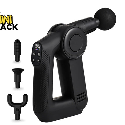 Black handheld mini massage gun with a round massage head, shown on a white background with the Kiwi Shack logo and three interchangeable attachment heads on the left.