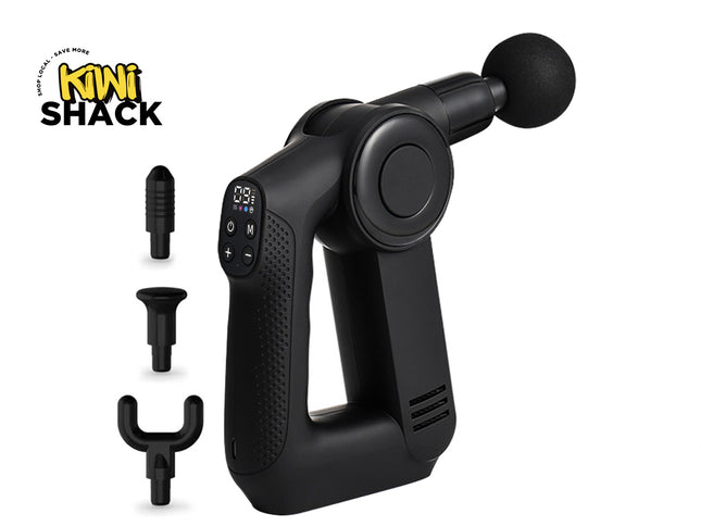 Black handheld mini massage gun with a round massage head, shown on a white background with the Kiwi Shack logo and three interchangeable attachment heads on the left.