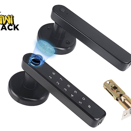 Black digital door handle with keypad and lock mechanism on a white background, featuring the Kiwi Shack brand.