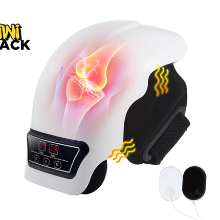A white and black Kiwi Shack neck and shoulder massage device with a digital control panel, shown on a white background with graphic overlays indicating heat and massage functions, plus two small accessory pads.