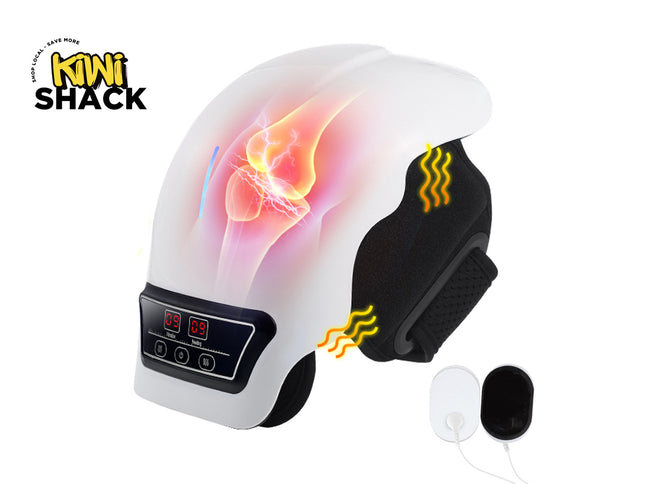 A white and black Kiwi Shack neck and shoulder massage device with a digital control panel, shown on a white background with graphic overlays indicating heat and massage functions, plus two small accessory pads.