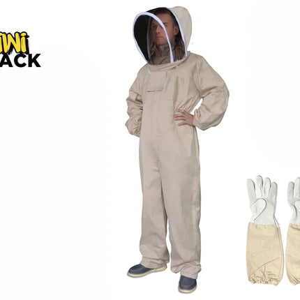 A person wearing a beige beekeeping suit with a fenced veil hood, standing next to a pair of matching leather-palmed beekeeping gloves, with the "Kiwi Shack" logo in the top left corner.