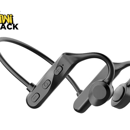 Black wireless earbuds with a Kiwi Shack logo on a white background