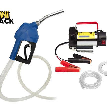 A portable electric fuel transfer pump kit featuring a blue fuel nozzle, a transfer pump with battery clamps, and clear hoses, featuring the "Kiwi Shack" logo in the top-left corner.