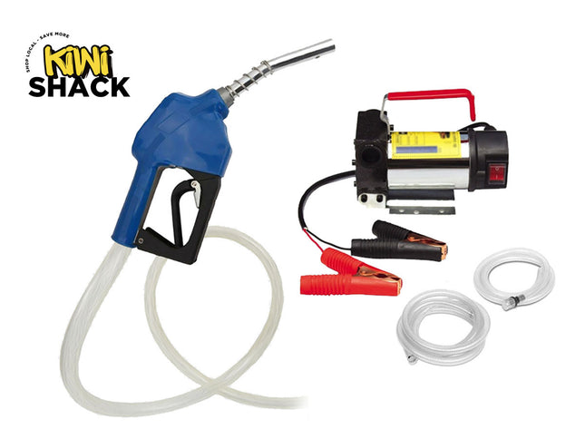 A portable electric fuel transfer pump kit featuring a blue fuel nozzle, a transfer pump with battery clamps, and clear hoses, featuring the "Kiwi Shack" logo in the top-left corner.