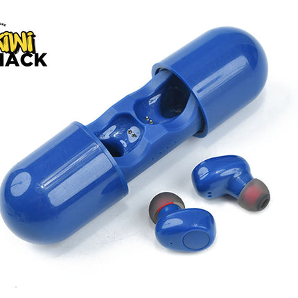Blue wireless earbuds with charging case on a white background, featuring the Kini Shack logo.