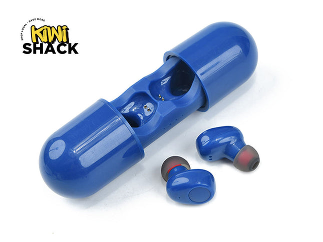 Blue wireless earbuds with charging case on a white background, featuring the Kini Shack logo.