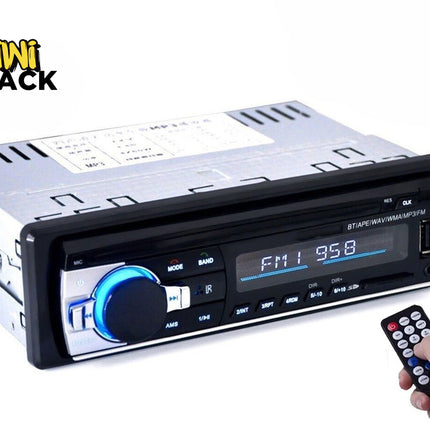 A single-DIN car stereo head unit with Bluetooth, FM radio receiver, USB port, and a handheld remote control, featuring the "Kiwi Shack" logo in the top-left corner.