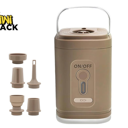 Brown portable electronic pump or air inflator unit with a carrying handle, ON/OFF push button, charging indicator port, five interchangeable nozzle attachments on the left, and Kiwi Shack logo in top left.