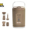Brown portable electronic pump or air inflator unit with a carrying handle, ON/OFF push button, charging indicator port, five interchangeable nozzle attachments on the left, and Kiwi Shack logo in top left.