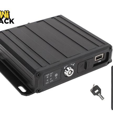 Black electronic device with USB port and remote control on a white background, featuring Kiwi Shack logo.