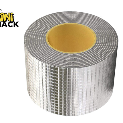 Roll of silver mesh tape with yellow center on a white background, featuring the Kiwi Shack logo.