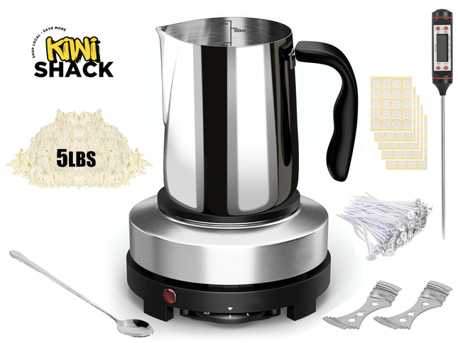Stainless steel coffee maker with accessories on a white background, featuring the Kiwi Shack brand.