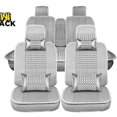 A set of car seat covers with matching headrest pillows in a light gray and white woven pattern, shown on a white background with the 'Kini Shack' logo in the top left corner.