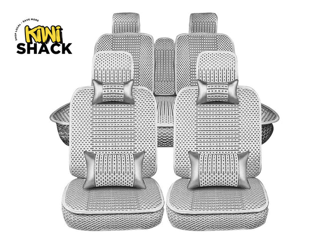 A set of car seat covers with matching headrest pillows in a light gray and white woven pattern, shown on a white background with the 'Kini Shack' logo in the top left corner.