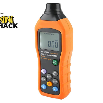 An orange and black digital tachymeter handheld device by Mini Shack, featuring a digital LCD screen, various colored buttons, and a textured grip, shown on a white background with the Mini Shack logo in the top-left corner.