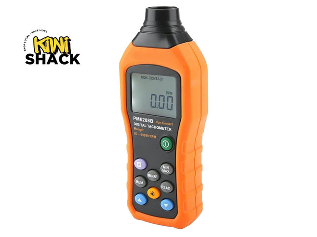 An orange and black digital tachymeter handheld device by Mini Shack, featuring a digital LCD screen, various colored buttons, and a textured grip, shown on a white background with the Mini Shack logo in the top-left corner.