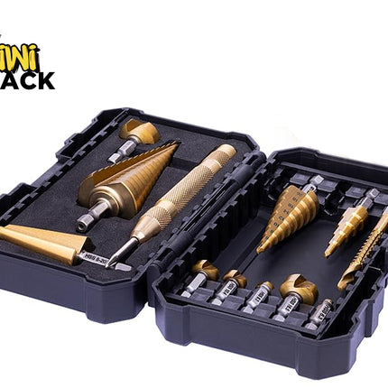 A set of threaded drill bits and a pointed drill bit in a black plastic storage case, shown open on a white background. The Kiwi Shack logo is visible in the top-left corner.