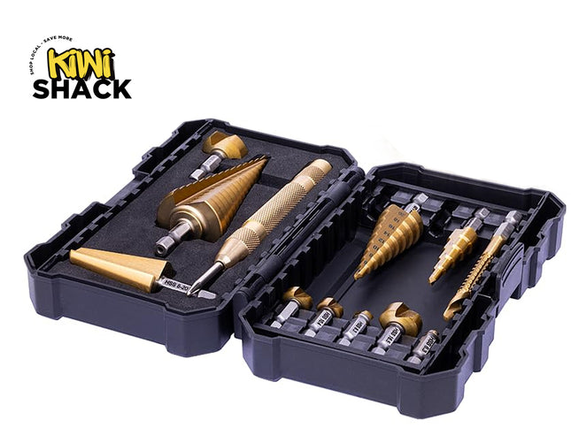 A set of threaded drill bits and a pointed drill bit in a black plastic storage case, shown open on a white background. The Kiwi Shack logo is visible in the top-left corner.