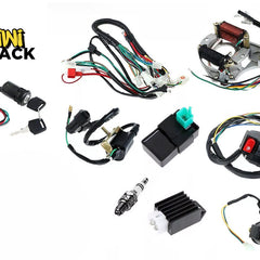 Complete dirt bike/ATV electrical ignition overhaul kit including main wiring harness, stator/magneto coil, CDI box, ignition coil, spark plug, voltage regulator, handlebar switch, and ignition switch with keys, featuring Kiwi Shack logo in top left.