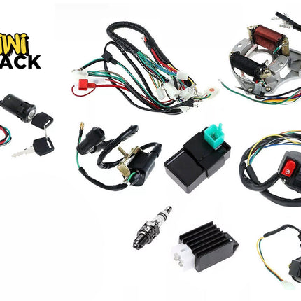 Complete dirt bike/ATV electrical ignition overhaul kit including main wiring harness, stator/magneto coil, CDI box, ignition coil, spark plug, voltage regulator, handlebar switch, and ignition switch with keys, featuring Kiwi Shack logo in top left.