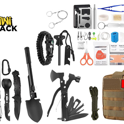 A comprehensive emergency survival kit by Kiwi Shack, featuring a tan MOLLE backpack, a black paracord bracelet, a black multi-tool axe, a black shovel, a black knife, a black carabiner, a black flashlight, and various other survival accessories like a whistle, rope, scissors, and first aid supplies, all arranged on a white background.