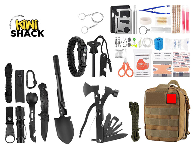A comprehensive emergency survival kit by Kiwi Shack, featuring a tan MOLLE backpack, a black paracord bracelet, a black multi-tool axe, a black shovel, a black knife, a black carabiner, a black flashlight, and various other survival accessories like a whistle, rope, scissors, and first aid supplies, all arranged on a white background.