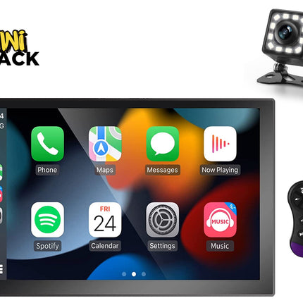 Car multimedia system with touchscreen display, camera, and remote control on a white background.