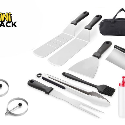 A flat lay of a stainless steel griddle and BBQ tool set on a white background, including two spatulas, a scraper, a bench knife scraper, metal tongs, a basting brush, a grilling fork, two egg rings, two squeeze bottles, and a black carrying bag, featuring a "Kiwi Shack" logo in the top left corner.