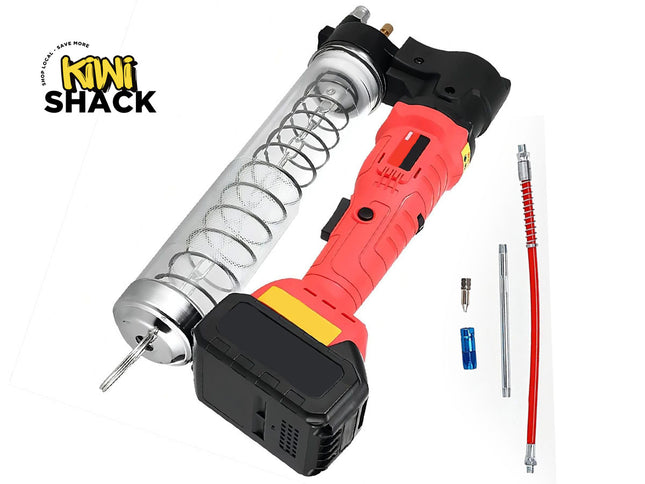 Red and black handheld tool with attachments on a white background, featuring 'Kiwi Shack' branding.