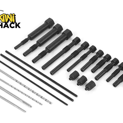 A set of black and silver rotary driver bits and drill bits arranged on a white background, with the KiNi Shack logo in the top-left corner.
