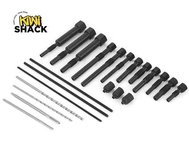 A set of black and silver rotary driver bits and drill bits arranged on a white background, with the KiNi Shack logo in the top-left corner.