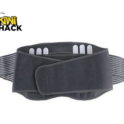 Gray lumbar support back brace with overlapping front velcro straps, elastic side panels, and vertical plastic stays along the back, branded with the "Kiwi Shack" logo in the top-left corner.