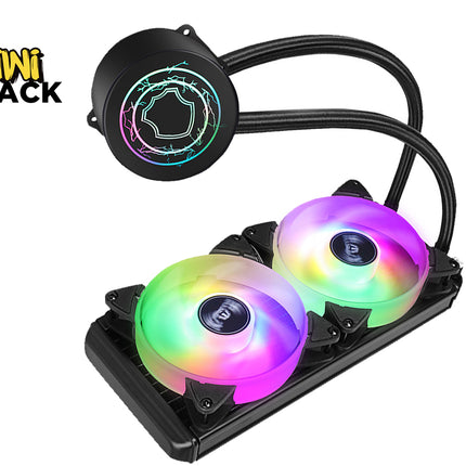 Computer cooling system with RGB lighting on a white background, featuring the Kiwi Shack brand.