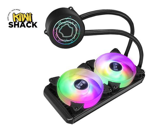 Computer cooling system with RGB lighting on a white background, featuring the Kiwi Shack brand.
