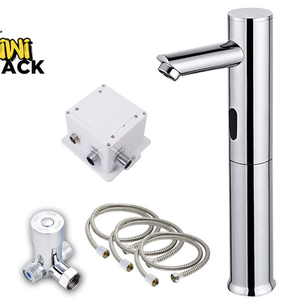 A chrome single-handle bathroom faucet shown with a white electronic sensor box, a white shut-off valve, and two braided supply hoses on a white background. The 'Kini Shack' logo is visible in the top-left corner.