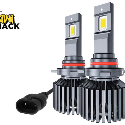 Two Kiwi Shack LED car light bulbs with a black power connector, shown on a white background with the Kiwi Shack logo in the top left corner.