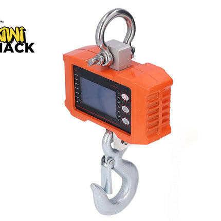 Orange digital hanging scale with a hook on a white background, branded 'Kiwi Shack'.
