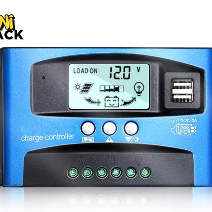A blue and black solar charge controller with an LCD display screen, USB ports, and screw terminals, featuring the "Kiwi Shack" logo in the top-left corner.
