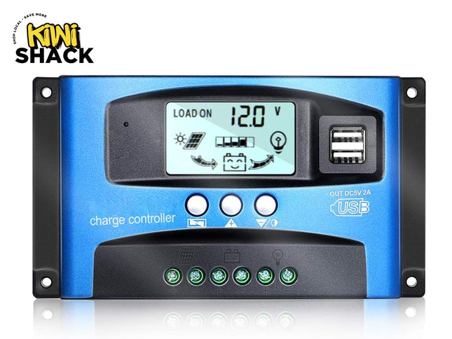 A blue and black solar charge controller with an LCD display screen, USB ports, and screw terminals, featuring the "Kiwi Shack" logo in the top-left corner.