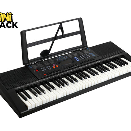 Keyboard with music stand on a white background, featuring the Kiwi Shack logo.