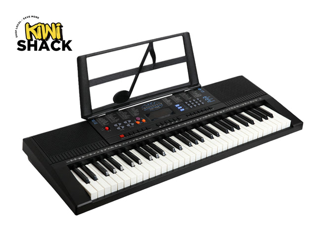Keyboard with music stand on a white background, featuring the Kiwi Shack logo.