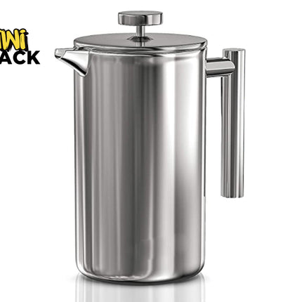 A polished stainless steel French press coffee maker with a matching cylindrical handle and lid knob, featuring the "Kiwi Shack" logo in the top-left corner.