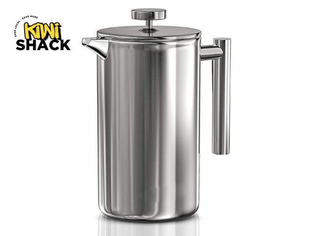 A polished stainless steel French press coffee maker with a matching cylindrical handle and lid knob, featuring the "Kiwi Shack" logo in the top-left corner.