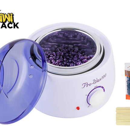 White wax warmer with purple beads, a small packet, and a bar of soap on a white background. Kiwi Shack brand visible.